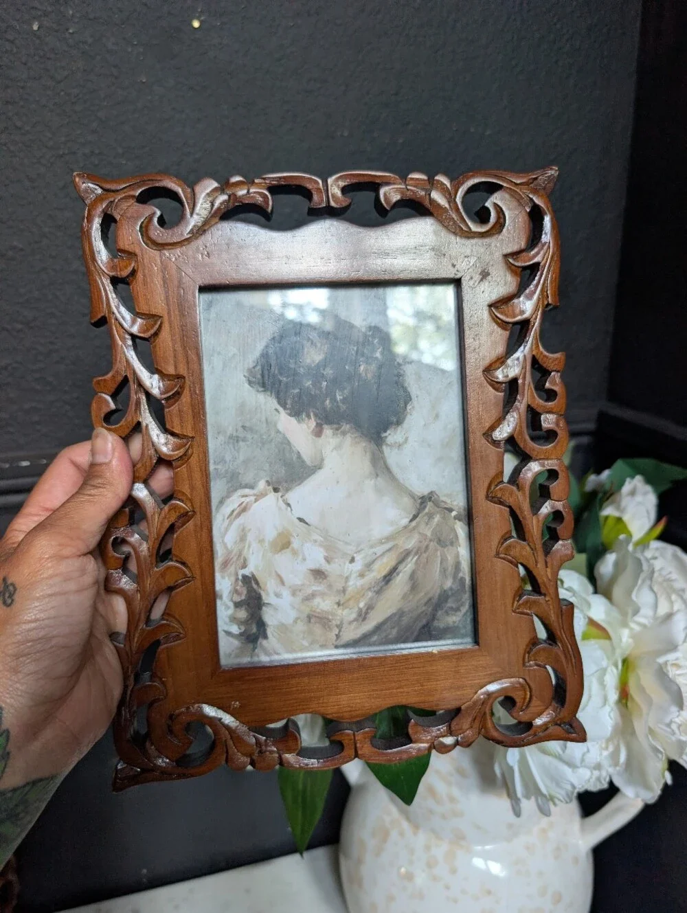Vintage, Set of 2,  Dark Walnut Ornate Carved Wood Frames w/ moody Prints